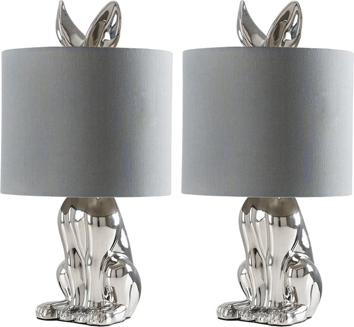 The Range | ValueLights Pair Of Modern Chrome Ceramic Rabbit Hare Table Lamps With Grey Shades - Silver ValueLights Pair Of Modern Chrome Ceramic Rabbit Hare Table Lamps With Grey Shades - Silver