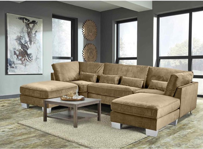 The Range | Simply Eleganza Almora Full Back Corner U Shape Sofa Velour Fabric with 2 Footstools - Brown Simply Eleganza Almora Full Back Corner U Shape Sofa Velour Fabric with 2 Footstools - Brown