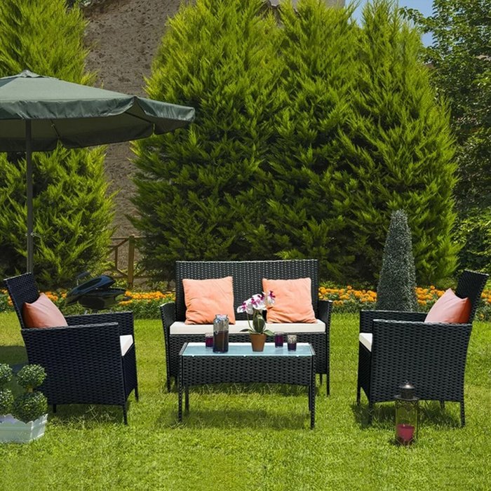 The Range | Bigzzia 4 Piece Rattan Garden Furniture Set with Table - Black Bigzzia 4 Piece Rattan Garden Furniture Set with Table - Black