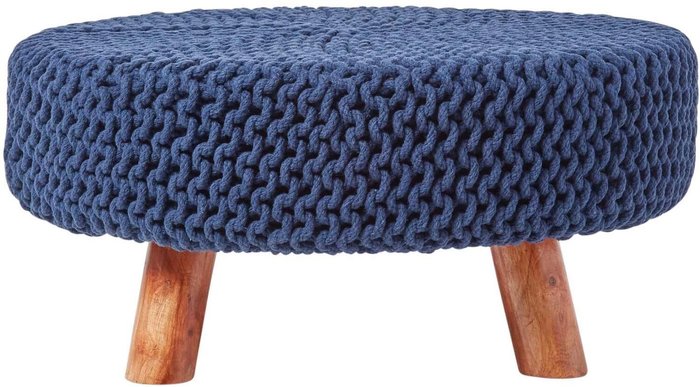 The Range | Homescapes Knitted Cotton Tall Footstool with Wooden Legs - Navy / 62cm Homescapes Knitted Cotton Tall Footstool with Wooden Legs - Navy / 62cm