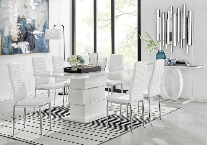 The Range | Furniturebox UK Apollo Rectangle White High Gloss Chrome Dining Table And 6 Milan Chairs - White Furniturebox UK Apollo Rectangle White High Gloss Chrome Dining Table And 6 Milan Chairs - White