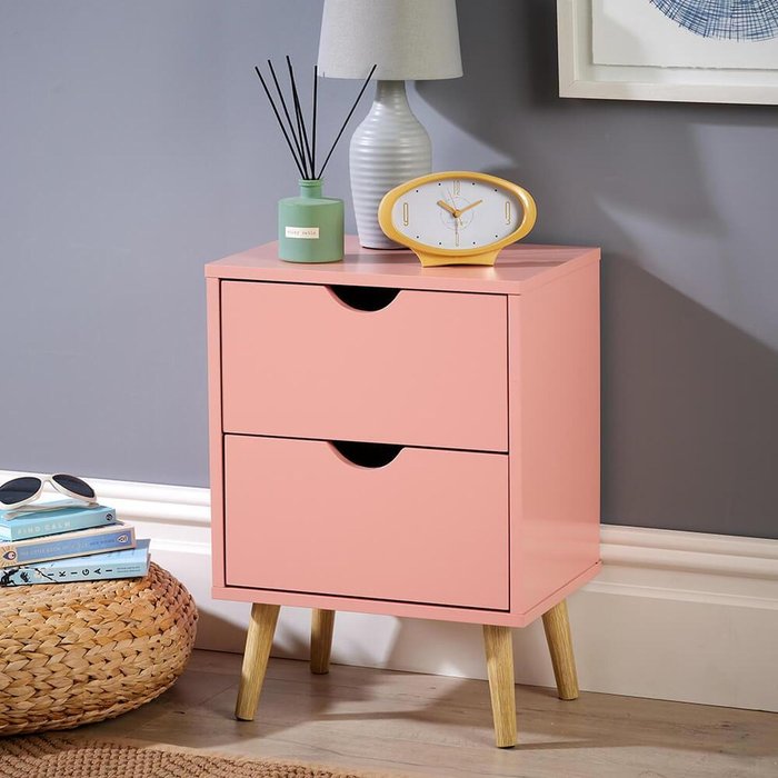 The Range | Home Source Skara 2 Drawer Bedside Table Bedroom Storage Unit - Pink Home Source Skara 2 Drawer Bedside Table Bedroom Storage Unit - Pink