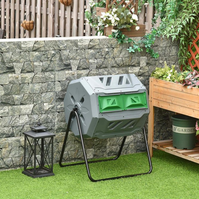 The Range | Outsunny Tumbling Compost Bin Outdoor Dual Chamber - Grey & Green Outsunny Tumbling Compost Bin Outdoor Dual Chamber - Grey & Green