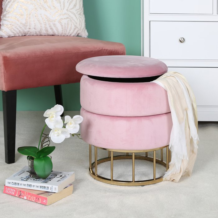 The Range | Vanity Living Velvet Round Storage Ottoman Footstool - Pink Vanity Living Velvet Round Storage Ottoman Footstool - Pink