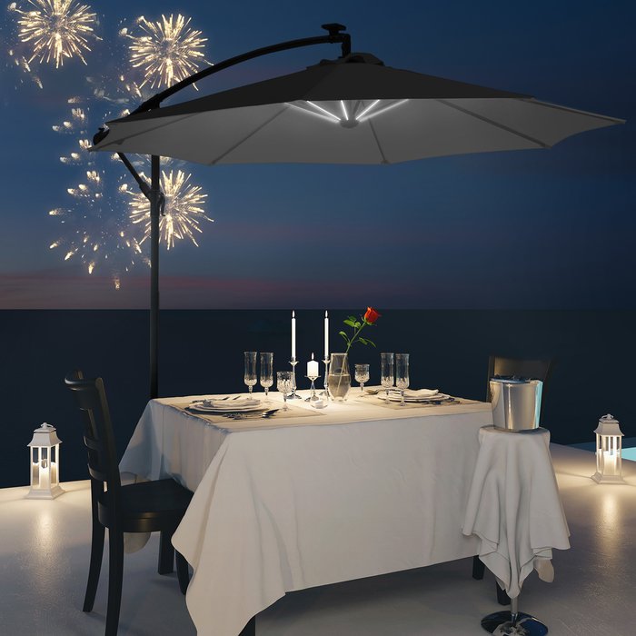 The Range | Outsunny 3m LED Patio Banana Parasol With Crank Cross Base - Black Outsunny 3m LED Patio Banana Parasol With Crank Cross Base - Black