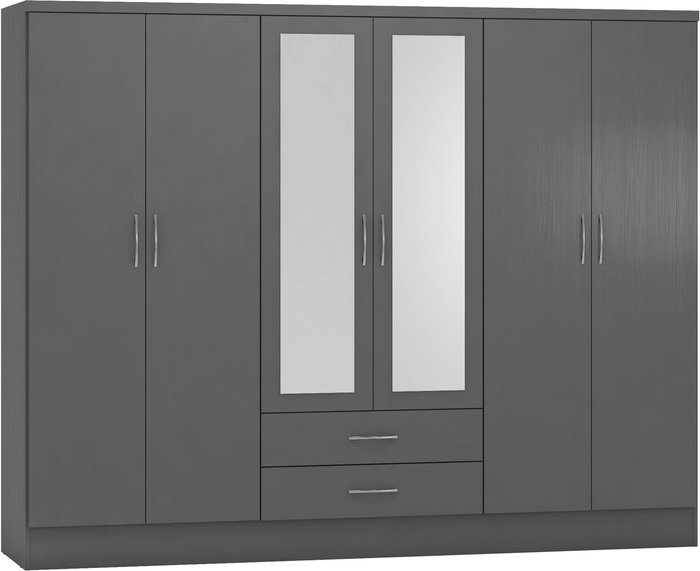 The Range | Seconique Nevada 6 Door 2 Drawer Mirrored Wardrobe - 3D Effect Grey Seconique Nevada 6 Door 2 Drawer Mirrored Wardrobe - 3D Effect Grey