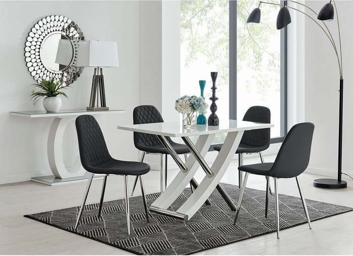 The Range | FurnitureboxUK Mayfair 4 White Dining Table and 4 Corona Silver Leg Chairs - Black FurnitureboxUK Mayfair 4 White Dining Table and 4 Corona Silver Leg Chairs - Black