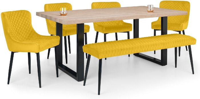 The Range | Julian Bowen Julian Bowen Set Of Berwick Dining Table Luxe Low Bench Mustard & 4 Luxe Mustard Chairs Julian Bowen Julian Bowen Set Of Berwick Dining Table Luxe Low Bench Mustard & 4 Luxe Mustard Chairs