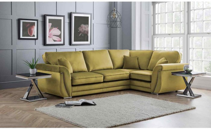 The Range | Simply Eleganza Luca Full Back L Shape Right Hand Corner Sofa Velvet Beading - Yellow Simply Eleganza Luca Full Back L Shape Right Hand Corner Sofa Velvet Beading - Yellow