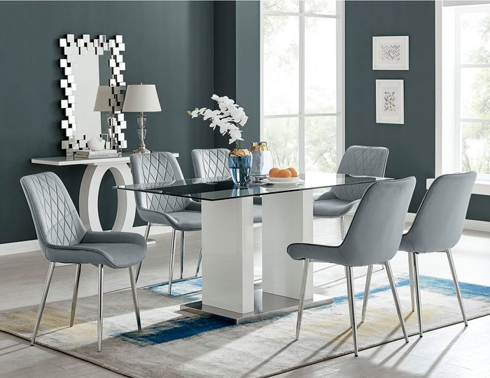 The Range | FurnitureboxUK Florence Dining Table With Six Pesaro Silver Leg Chairs - Grey FurnitureboxUK Florence Dining Table With Six Pesaro Silver Leg Chairs - Grey