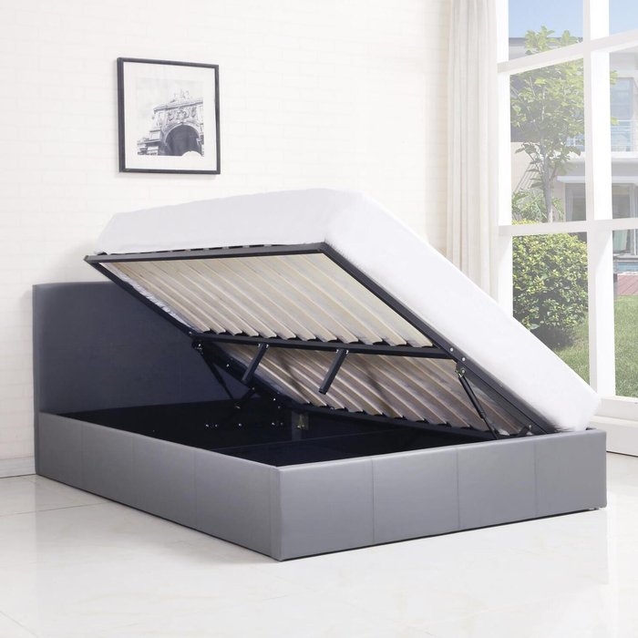 The Range | Kosy Koala Ottoman Storage Bed - Small Double Size - Gas-Assisted Lift - Grey - Wooden Base Slats & Stitched Headboard - Faux Leather Kosy Koala Ottoman Storage Bed - Small Double Size - Gas-Assisted Lift - Grey - Wooden Base Slats & Stitched Headboard - Faux Leather