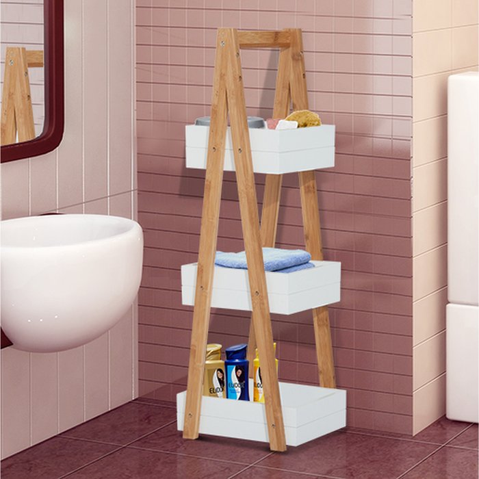 The Range | HOMCOM 3 Tier A Frame Bathroom Shower Caddy - White & Bamboo Colour HOMCOM 3 Tier A Frame Bathroom Shower Caddy - White & Bamboo Colour