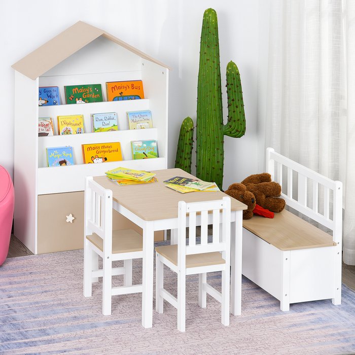The Range | HOMCOM Wooden Kids Play Table Chairs and Storage Bench Set - Beige HOMCOM Wooden Kids Play Table Chairs and Storage Bench Set - Beige