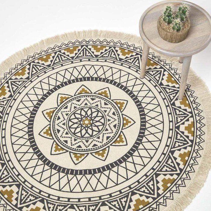 The Range | Homescapes Homescapes Black Gold Cotton Mandala Printed Round Rug - Gold Homescapes Homescapes Black Gold Cotton Mandala Printed Round Rug - Gold