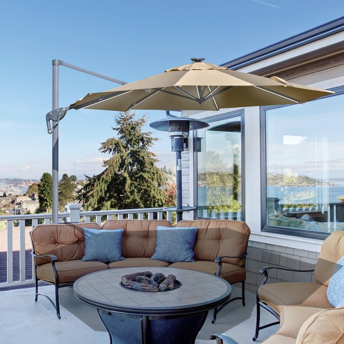 The Range | Outsunny Outsunny 3m Cantilever Parasol w/ Solar LED Lights - Khaki Outsunny Outsunny 3m Cantilever Parasol w/ Solar LED Lights - Khaki