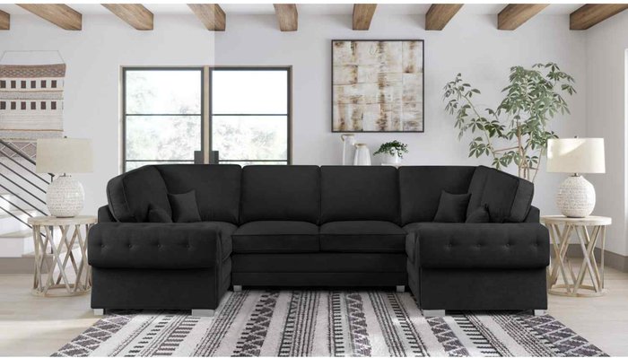 The Range | Simply Eleganza Volvo U Shape Large Sofa Full Back Velour Velvet Fabric - Black Simply Eleganza Volvo U Shape Large Sofa Full Back Velour Velvet Fabric - Black