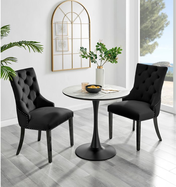 The Range | FurnitureboxUK Elina White Marble Effect Round Dining Table and 2 Belgravia Black Leg Chairs - Black FurnitureboxUK Elina White Marble Effect Round Dining Table and 2 Belgravia Black Leg Chairs - Black
