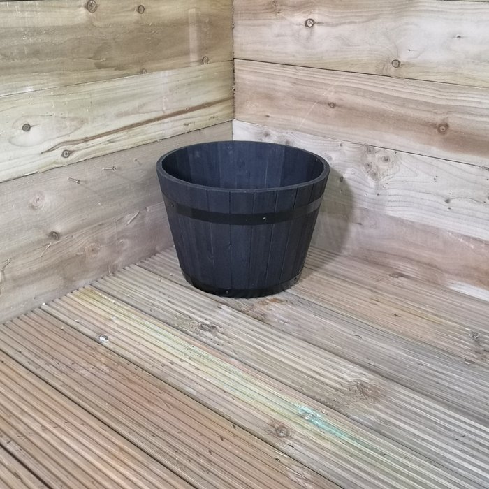 The Range | Samuel Alexander Set of 3 Hand Made Whiskey Barrel Wood Planters - Small Medium and Large - Black Samuel Alexander Set of 3 Hand Made Whiskey Barrel Wood Planters - Small Medium and Large - Black