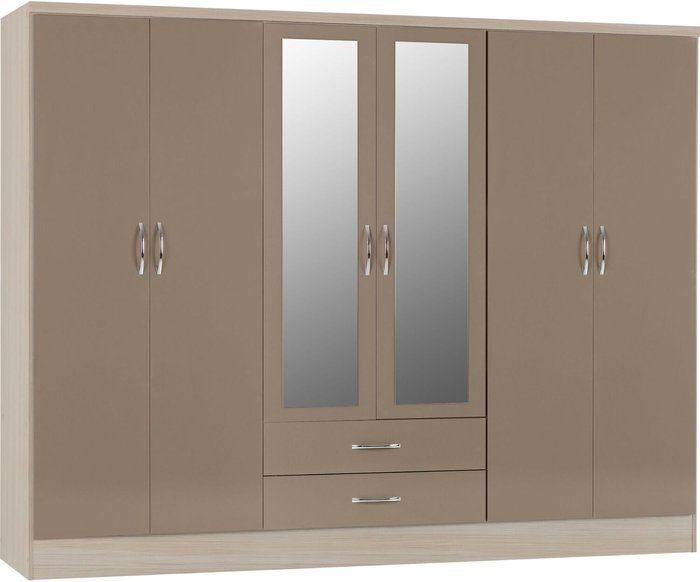 The Range | Seconique Nevada 6 Door 2 Drawer Mirrored Wardrobe - Oyster Gloss, Light Oak Seconique Nevada 6 Door 2 Drawer Mirrored Wardrobe - Oyster Gloss, Light Oak