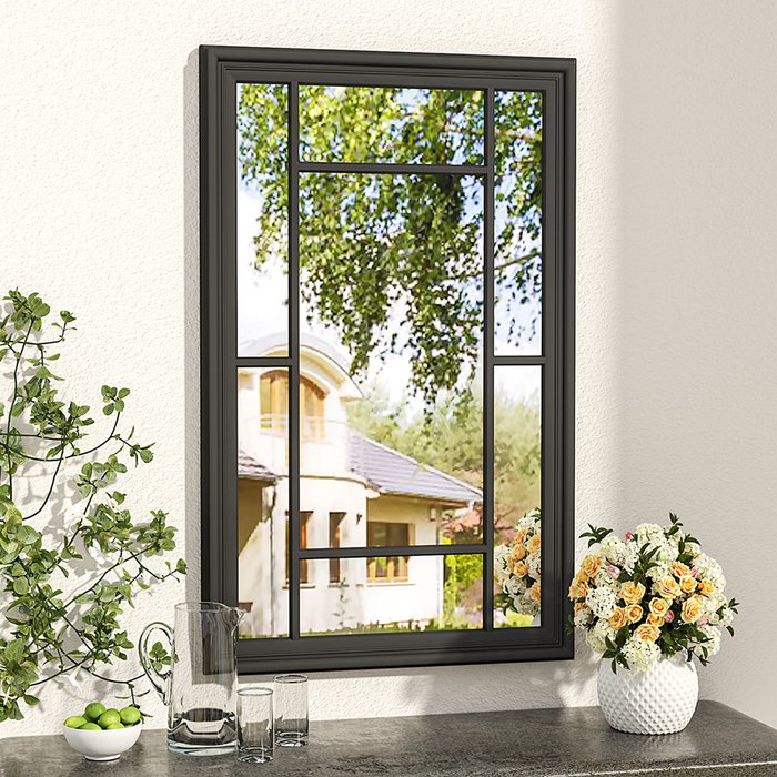 The Range | Livingandhome Vintage Window Pane Wall Mirror Wooden Frame Hanging Decor - Black / 75cm Livingandhome Vintage Window Pane Wall Mirror Wooden Frame Hanging Decor - Black / 75cm