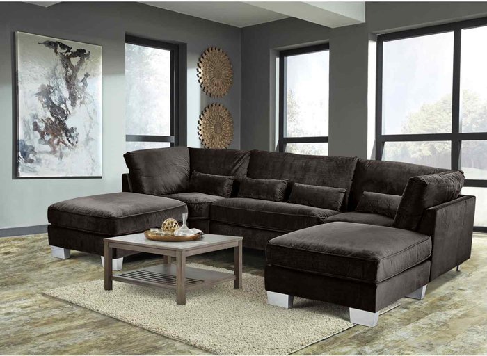 The Range | Simply Eleganza Almora Full Back Corner U Shape Sofa Velour Fabric with 2 Footstools - Grey Simply Eleganza Almora Full Back Corner U Shape Sofa Velour Fabric with 2 Footstools - Grey