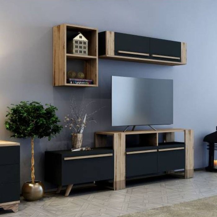 The Range | Destina Home Anya TV Stand and Entertainment Center - Dark Oak - Anthracite Destina Home Anya TV Stand and Entertainment Center - Dark Oak - Anthracite