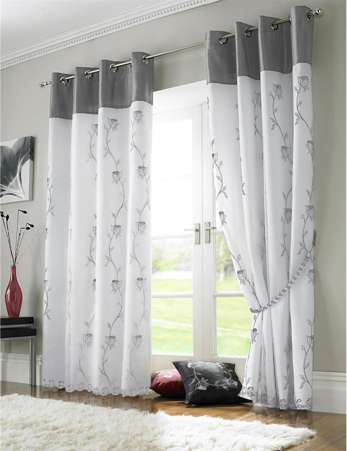 The Range | Livinluxury Tahiti Lined Voile Eyelet Ring Top Curtains - Silver/White / 229cm Livinluxury Tahiti Lined Voile Eyelet Ring Top Curtains - Silver/White / 229cm