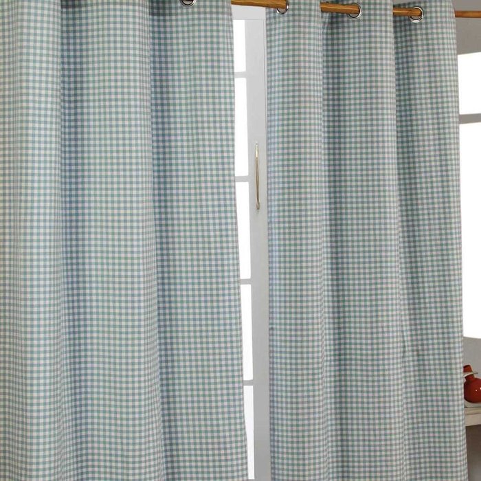 The Range | Homescapes Cotton Gingham Eyelet Curtain Pair - Blue Homescapes Cotton Gingham Eyelet Curtain Pair - Blue