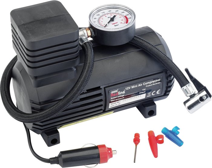 The Range | Draper Draper 12V Mini Analogue Air Compressor (250Psi Max.) - Black Draper Draper 12V Mini Analogue Air Compressor (250Psi Max.) - Black