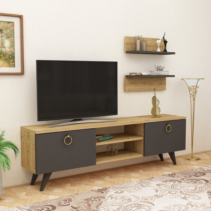 The Range | Destina Home Sea TV Stand and Media Console - Anthracite - Sapphire Oak Destina Home Sea TV Stand and Media Console - Anthracite - Sapphire Oak