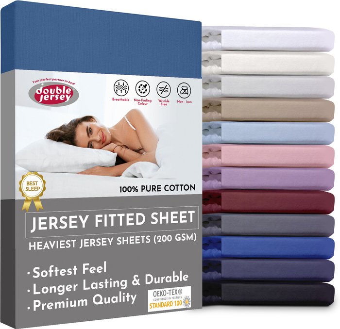 The Range | Double Jersey Double Jersey - Luxurious Jersey - Fitted Sheet - Deep Pocket 183x200x32 cm - Blue Double Jersey Double Jersey - Luxurious Jersey - Fitted Sheet - Deep Pocket 183x200x32 cm - Blue