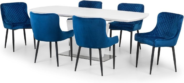 The Range | Julian Bowen Como White High Gloss Table and Luxe Chairs Set - Blue / 1 Table and 6 Chairs Julian Bowen Como White High Gloss Table and Luxe Chairs Set - Blue / 1 Table and 6 Chairs