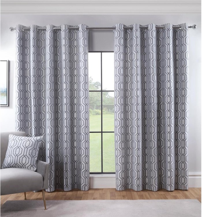 The Range | Sundour Dakota Geometric Eyelet Ring Top Fully Lined Curtains - Silver Sundour Dakota Geometric Eyelet Ring Top Fully Lined Curtains - Silver