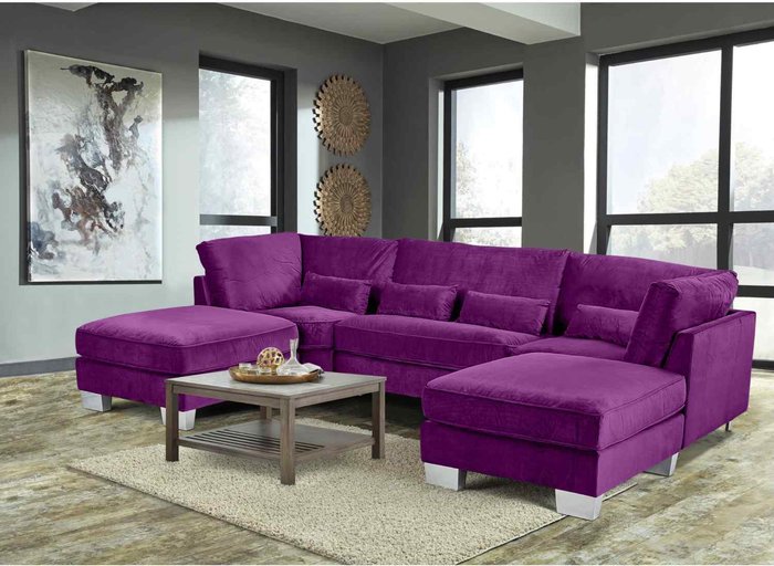 The Range | Simply Eleganza Almora Full Back Corner U Shape Sofa Velour Fabric with 2 Footstools - Purple Simply Eleganza Almora Full Back Corner U Shape Sofa Velour Fabric with 2 Footstools - Purple
