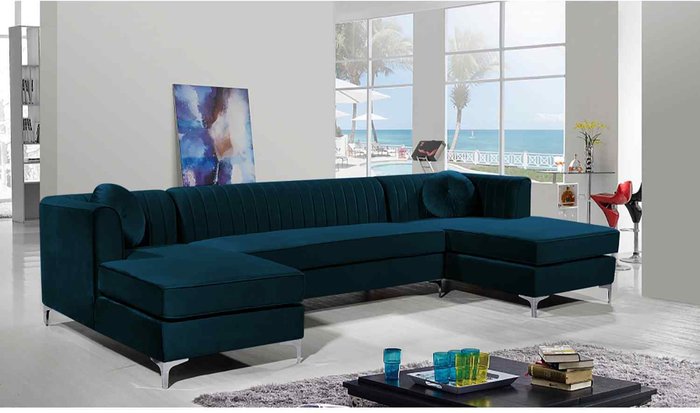The Range | Simply Eleganza Nora Fixed Back Fluted Large U Shape Sofa - Blue Simply Eleganza Nora Fixed Back Fluted Large U Shape Sofa - Blue