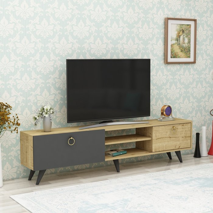 The Range | Destina Home Pino TV Stand and Media Console with Cabinets - Anthracite - Sapphire Oak Destina Home Pino TV Stand and Media Console with Cabinets - Anthracite - Sapphire Oak