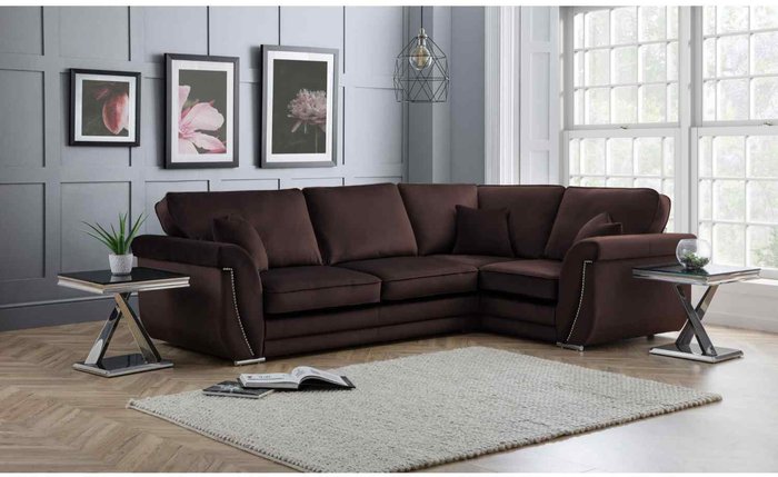The Range | Simply Eleganza Luca Full Back L Shape Right Hand Corner Sofa Velvet Beading - Brown Simply Eleganza Luca Full Back L Shape Right Hand Corner Sofa Velvet Beading - Brown