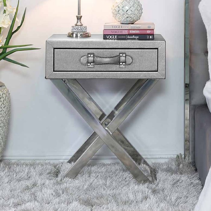 The Range | Vanity Living Side Table - Silver Faux Snakeskin 1 Drawer Side End Table - Silver Vanity Living Side Table - Silver Faux Snakeskin 1 Drawer Side End Table - Silver