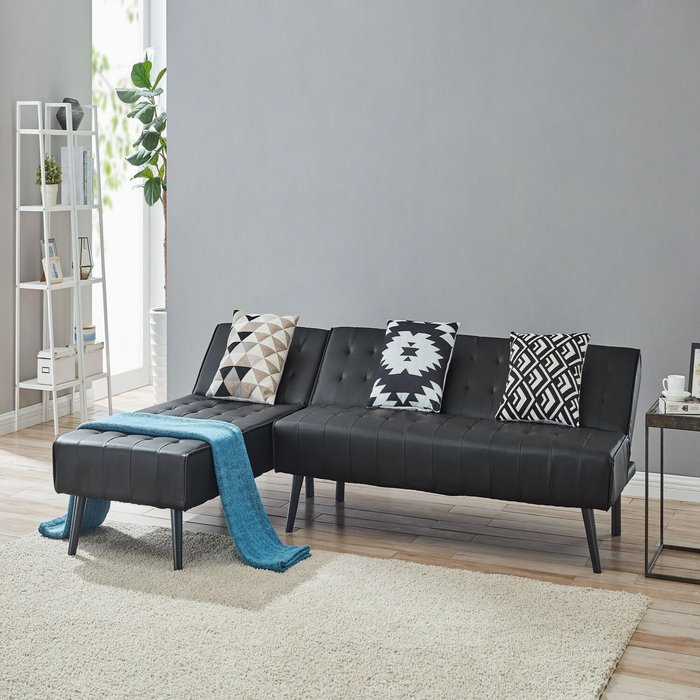 The Range | GRS Dawn 3 Seater Sofa Bed Faux Leather With Chaise Design - Black Faux Leather GRS Dawn 3 Seater Sofa Bed Faux Leather With Chaise Design - Black Faux Leather