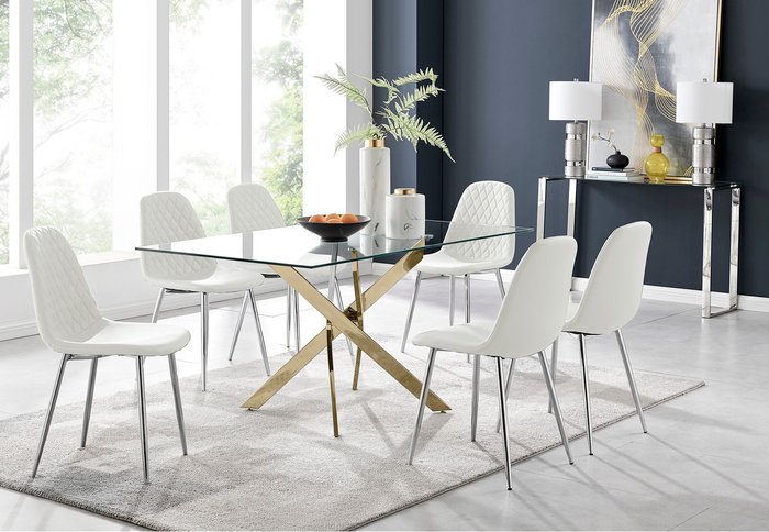 The Range | FurnitureboxUK Leonardo Dining Table With Six Corona Silver Leg Chairs - White FurnitureboxUK Leonardo Dining Table With Six Corona Silver Leg Chairs - White