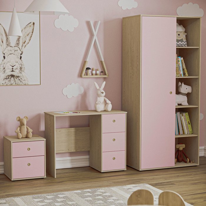 The Range | Neptune 3 Piece Bedroom Set - Desk, 2 Drawer Bedside Cabinet, Wardobe - Pink and Oak Neptune 3 Piece Bedroom Set - Desk, 2 Drawer Bedside Cabinet, Wardobe - Pink and Oak