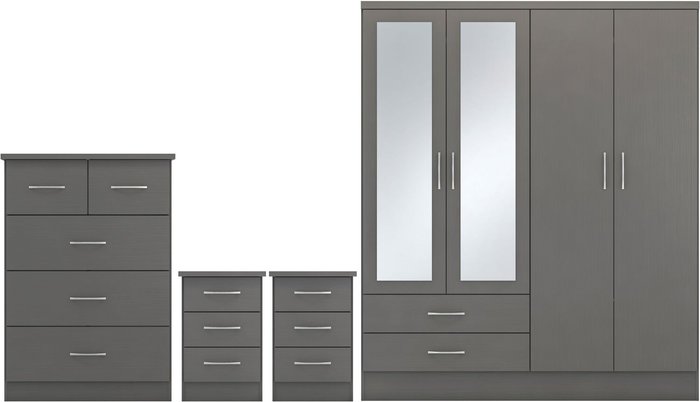 The Range | Seconique Nevada 4 Door 2 Drawer Mirrored Wardrobe Bedroom Set - 3D Effect Grey Seconique Nevada 4 Door 2 Drawer Mirrored Wardrobe Bedroom Set - 3D Effect Grey