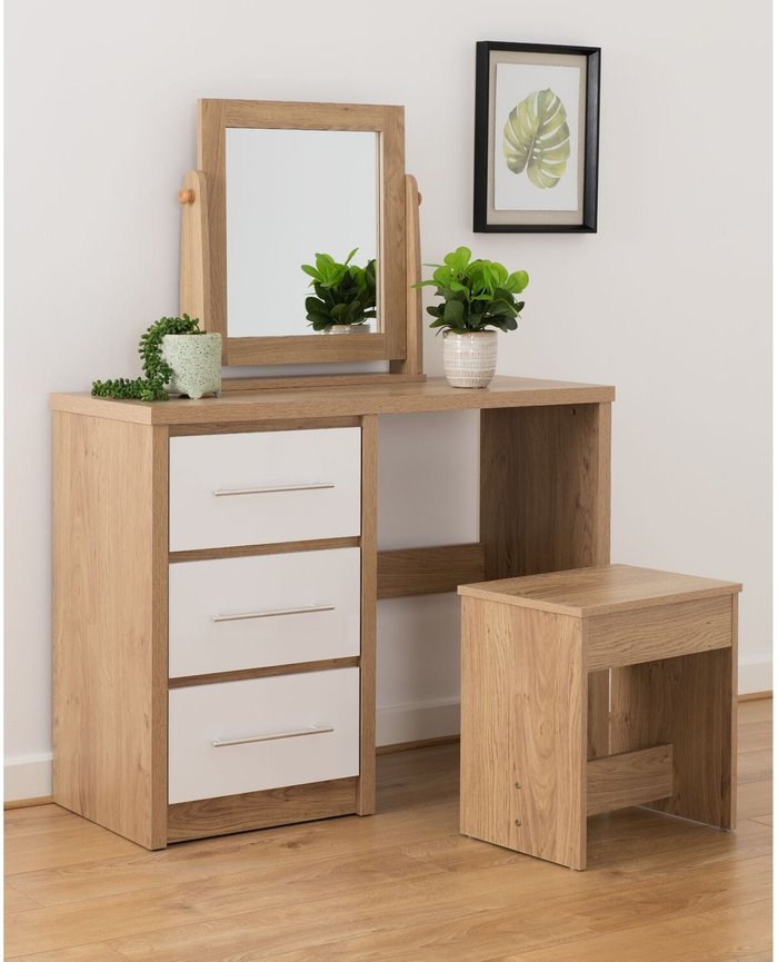 The Range | Seconique Seville 3 Drawer Dressing Table Set - White High Gloss, Light Oak Seconique Seville 3 Drawer Dressing Table Set - White High Gloss, Light Oak