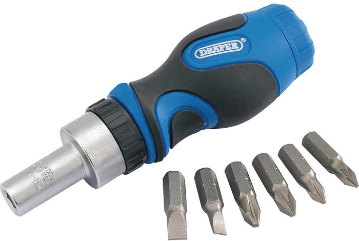 Tooled Up | Draper Draper 7 Piece Stubby Ratchet Screwdriver and Bit Set Draper Draper 7 Piece Stubby Ratchet Screwdriver and Bit Set