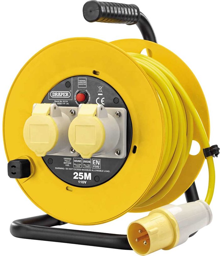 Tooled Up | Draper Draper 110V Twin Extension Cable Reel (25M) - Yellow Draper Draper 110V Twin Extension Cable Reel (25M) - Yellow