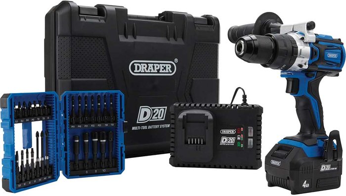 Tooled Up | Draper Draper PTKD20/OCT/1 D20 20v Cordless Brushless Combi Drill Kit 1 x 4ah Li-ion Charger Case & Accessories Draper Draper PTKD20/OCT/1 D20 20v Cordless Brushless Combi Drill Kit 1 x 4ah Li-ion Charger Case & Accessories
