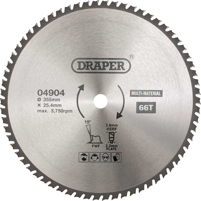 Tooled Up | Draper Draper TCT Multi Purpose Circular Saw Blade 355mm 66T 25.4mm Draper Draper TCT Multi Purpose Circular Saw Blade 355mm 66T 25.4mm