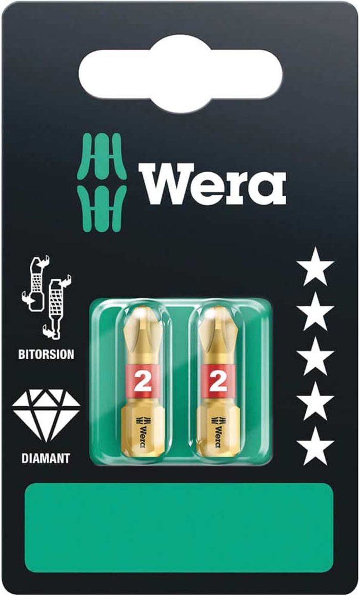 Tooled Up | Wera Wera BiTorsion Diamond Phillips Screwdriver Bits PH2 25mm Pack of 2 Wera Wera BiTorsion Diamond Phillips Screwdriver Bits PH2 25mm Pack of 2