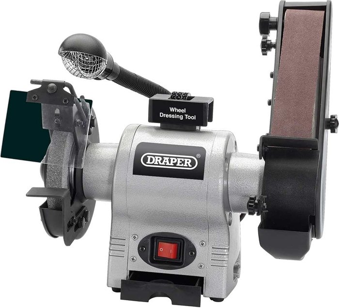 Tooled Up | Draper Draper 150mm 370w 230v Bench Grinder With Sanding Belt And Worklight Draper Draper 150mm 370w 230v Bench Grinder With Sanding Belt And Worklight