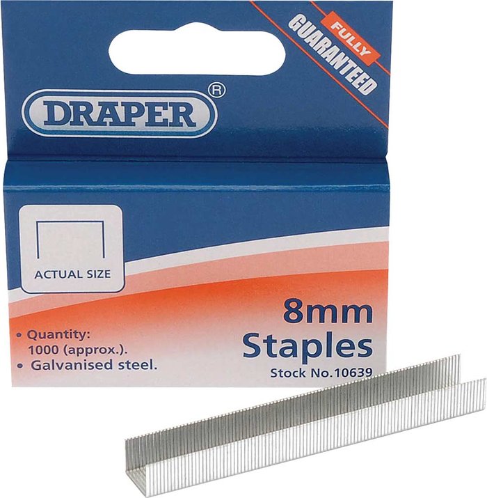 Tooled Up | Draper Draper Steel Staples for 10637 Hand Tacker 8mm Pack of 1000 Draper Draper Steel Staples for 10637 Hand Tacker 8mm Pack of 1000